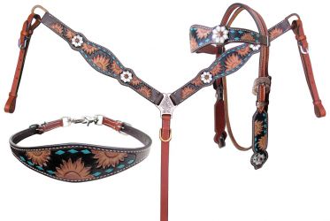 Showman Sunflower Tooled dark oil Leather Browband headstall and breastcollar set